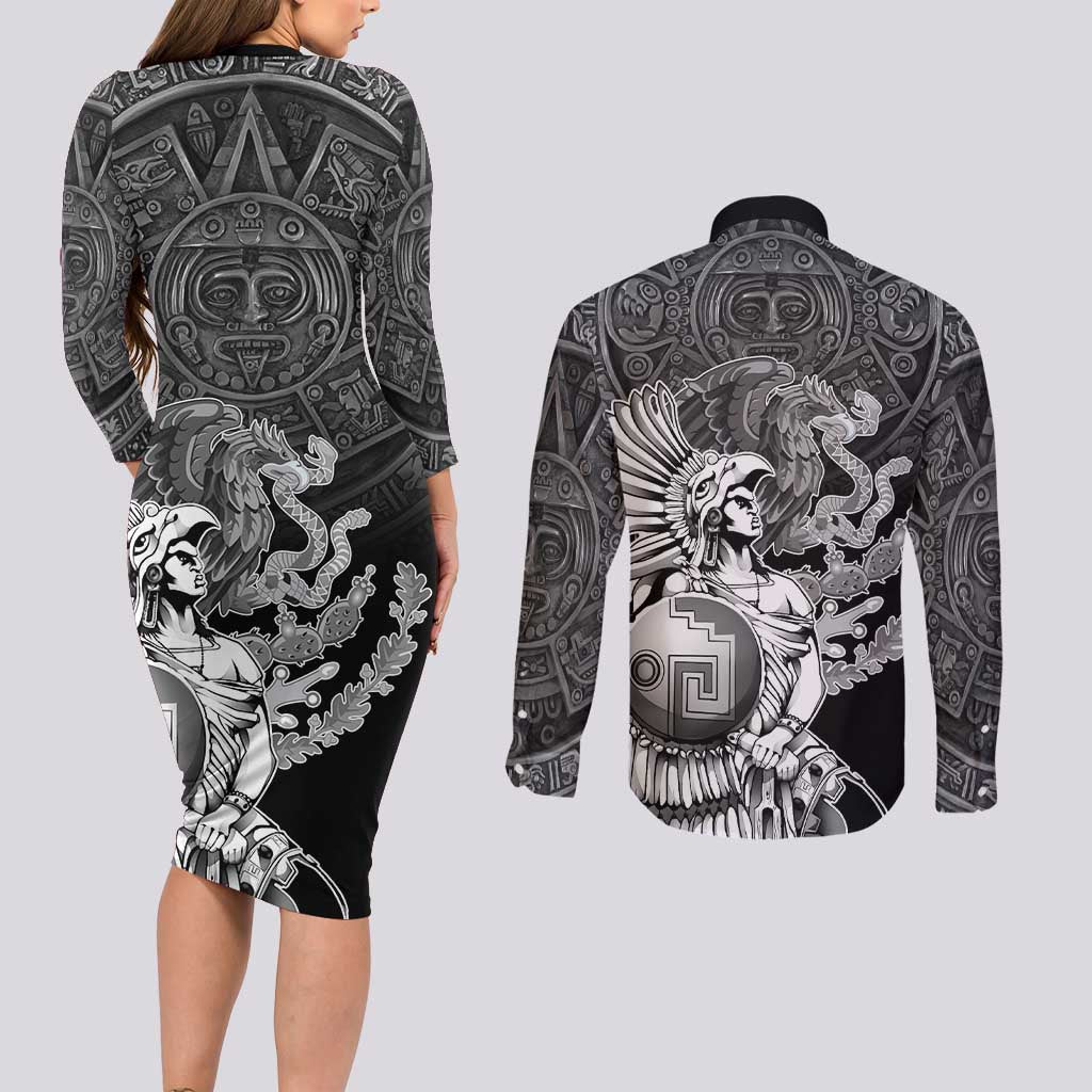 Mexico Aztec Warrior Couples Matching Long Sleeve Bodycon Dress and Long Sleeve Button Shirt Huitzilopochtli With Aztec Calendar