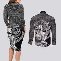 Mexico Aztec Warrior Couples Matching Long Sleeve Bodycon Dress and Long Sleeve Button Shirt Huitzilopochtli With Aztec Calendar