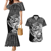 Mexico Aztec Warrior Couples Matching Mermaid Dress and Hawaiian Shirt Huitzilopochtli With Aztec Calendar