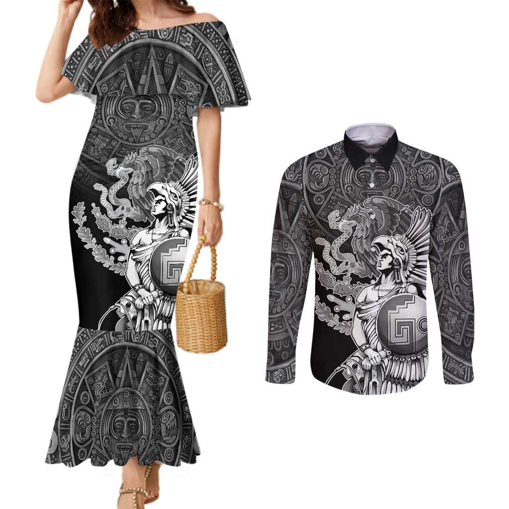 Mexico Aztec Warrior Couples Matching Mermaid Dress and Long Sleeve Button Shirt Huitzilopochtli With Aztec Calendar