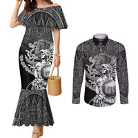 Mexico Aztec Warrior Couples Matching Mermaid Dress and Long Sleeve Button Shirt Huitzilopochtli With Aztec Calendar