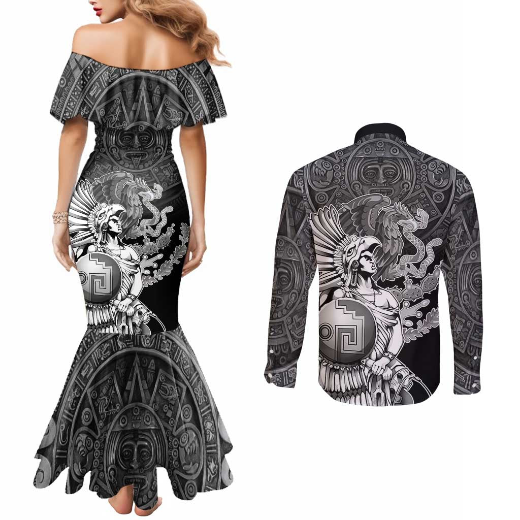 Mexico Aztec Warrior Couples Matching Mermaid Dress and Long Sleeve Button Shirt Huitzilopochtli With Aztec Calendar
