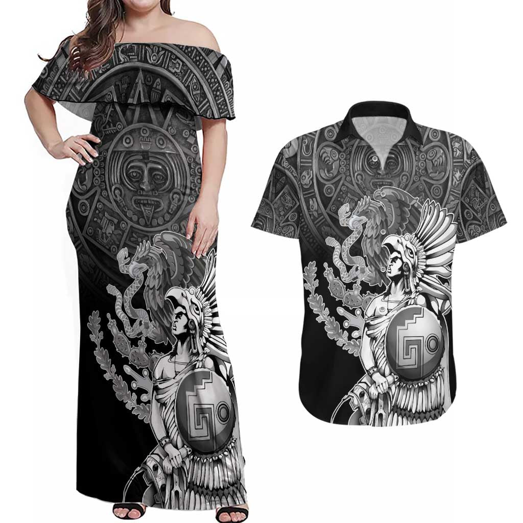 Mexico Aztec Warrior Couples Matching Off Shoulder Maxi Dress and Hawaiian Shirt Huitzilopochtli With Aztec Calendar
