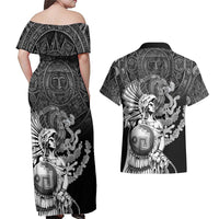 Mexico Aztec Warrior Couples Matching Off Shoulder Maxi Dress and Hawaiian Shirt Huitzilopochtli With Aztec Calendar