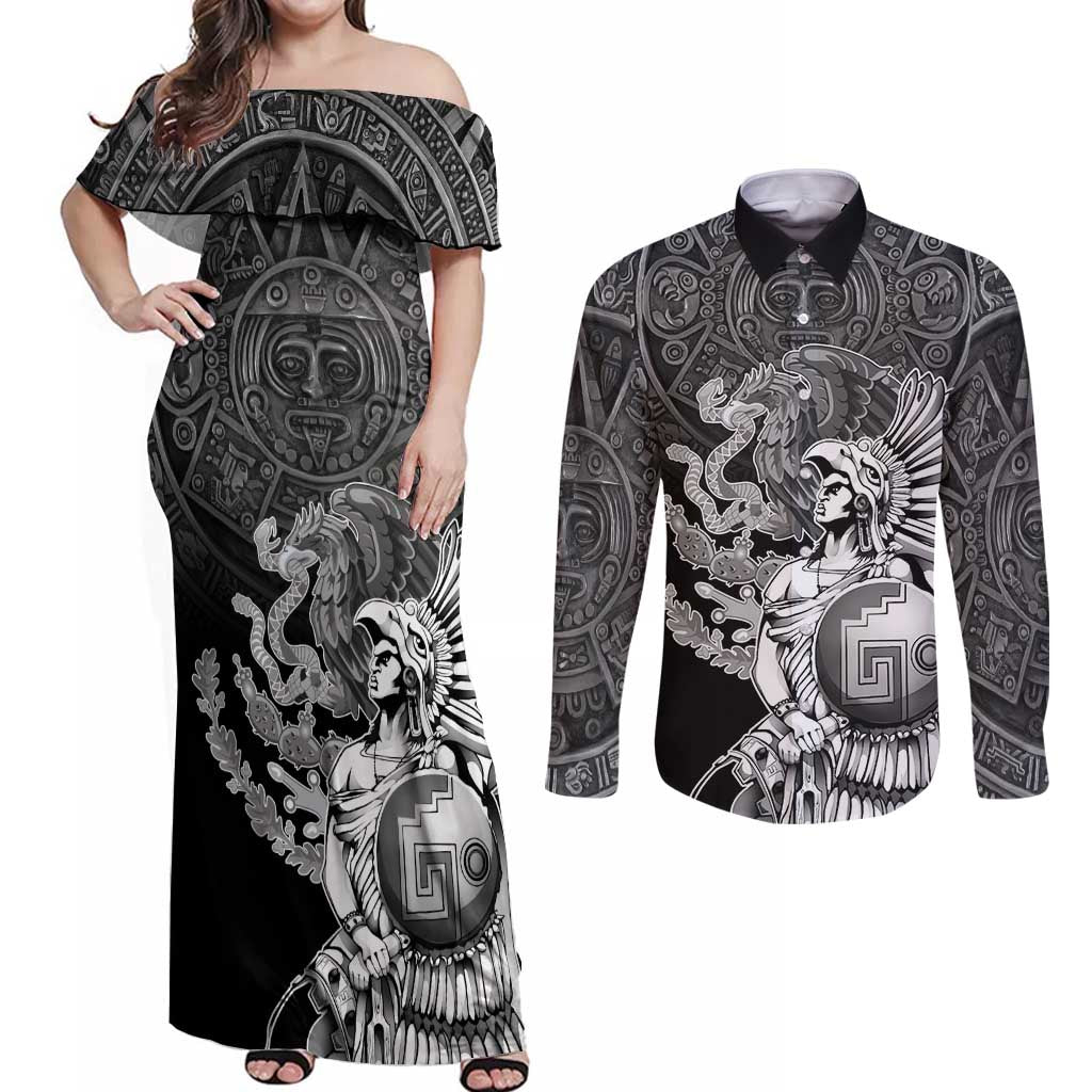 Mexico Aztec Warrior Couples Matching Off Shoulder Maxi Dress and Long Sleeve Button Shirt Huitzilopochtli With Aztec Calendar