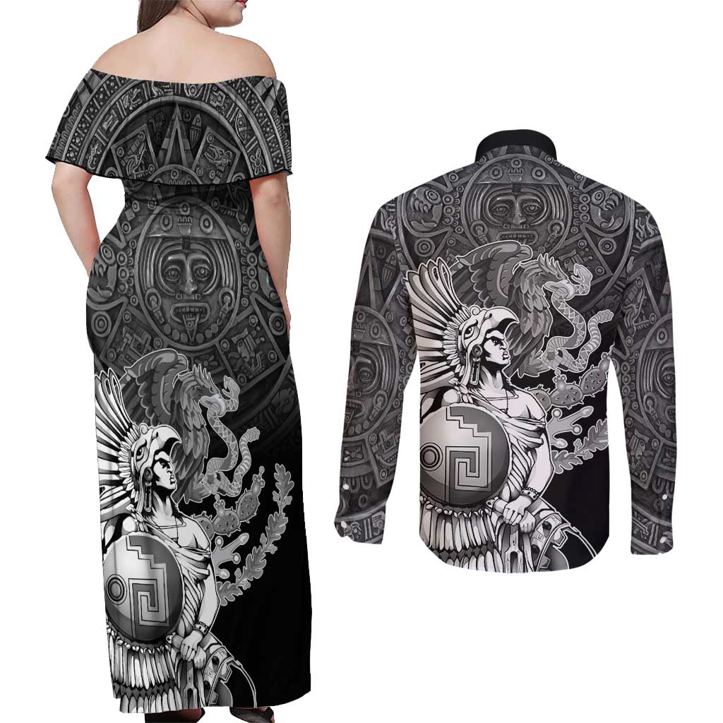 Mexico Aztec Warrior Couples Matching Off Shoulder Maxi Dress and Long Sleeve Button Shirt Huitzilopochtli With Aztec Calendar