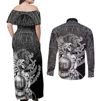 Mexico Aztec Warrior Couples Matching Off Shoulder Maxi Dress and Long Sleeve Button Shirt Huitzilopochtli With Aztec Calendar