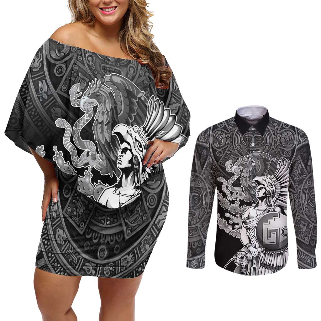 Mexico Aztec Warrior Couples Matching Off Shoulder Short Dress and Long Sleeve Button Shirt Huitzilopochtli With Aztec Calendar