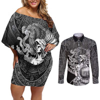 Mexico Aztec Warrior Couples Matching Off Shoulder Short Dress and Long Sleeve Button Shirt Huitzilopochtli With Aztec Calendar