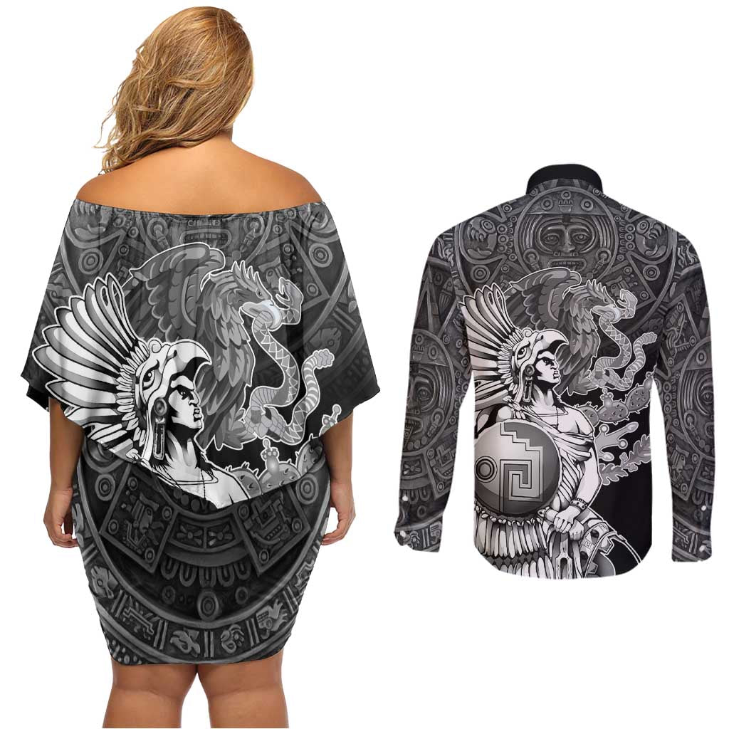 Mexico Aztec Warrior Couples Matching Off Shoulder Short Dress and Long Sleeve Button Shirt Huitzilopochtli With Aztec Calendar