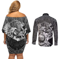 Mexico Aztec Warrior Couples Matching Off Shoulder Short Dress and Long Sleeve Button Shirt Huitzilopochtli With Aztec Calendar