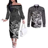 Mexico Aztec Warrior Couples Matching Off The Shoulder Long Sleeve Dress and Long Sleeve Button Shirt Huitzilopochtli With Aztec Calendar