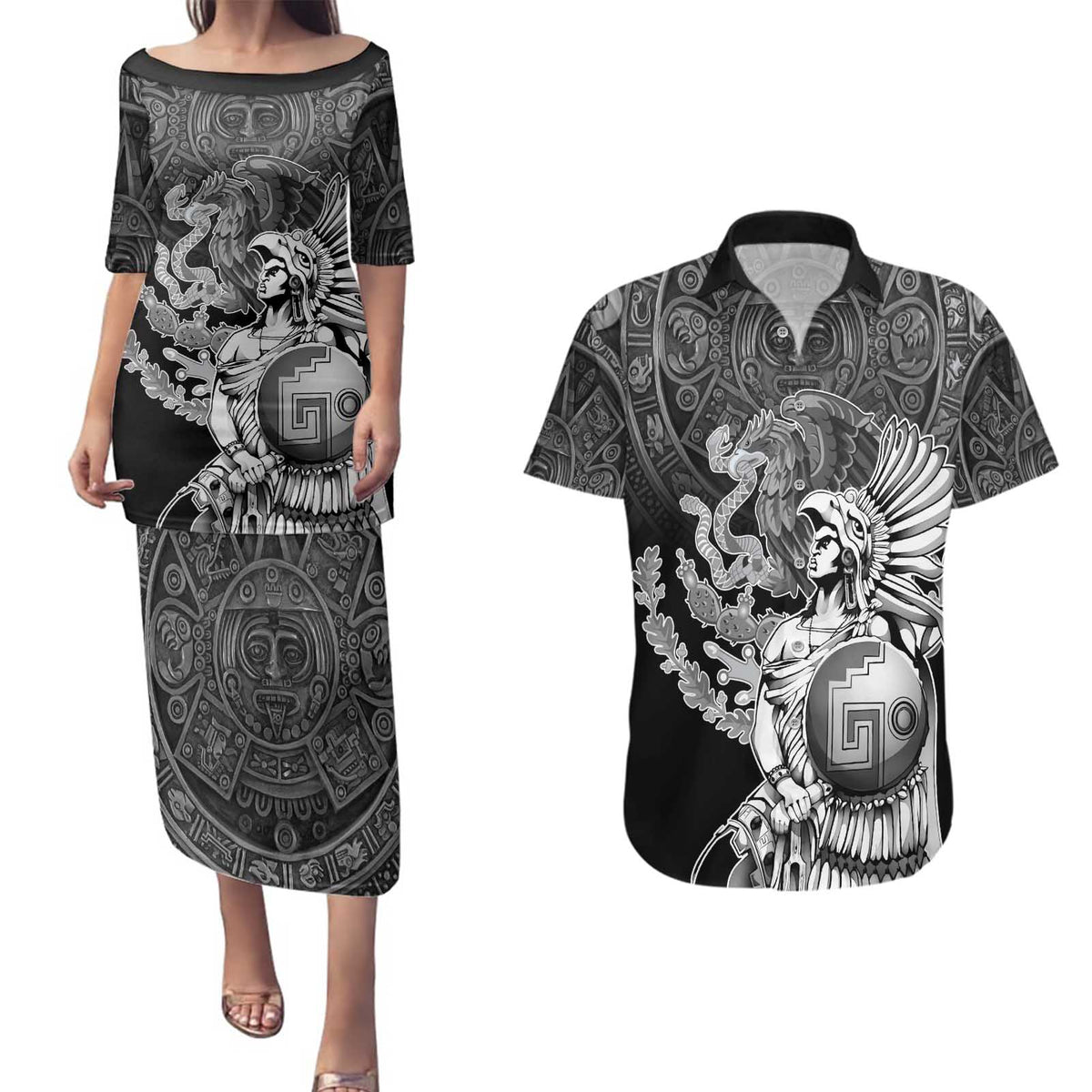 Mexico Aztec Warrior Couples Matching Puletasi and Hawaiian Shirt Huitzilopochtli With Aztec Calendar