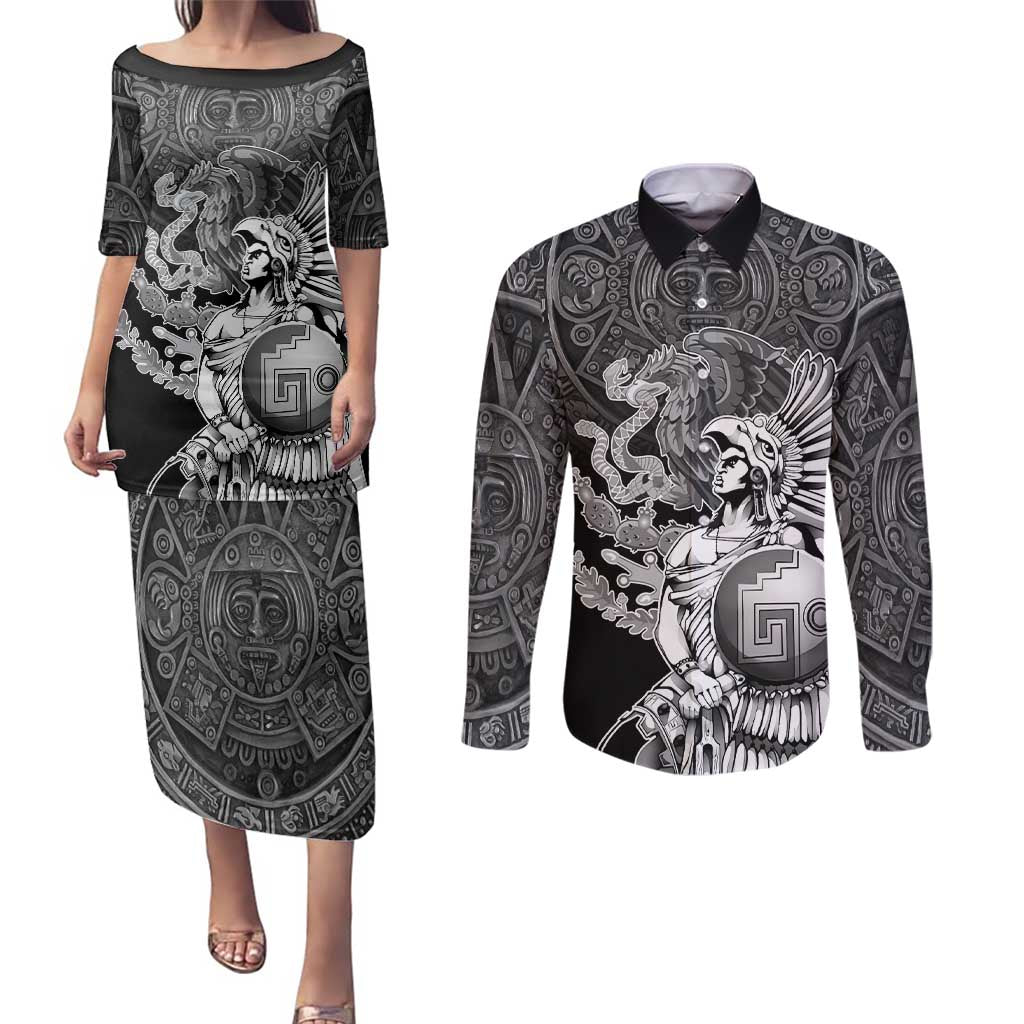 Mexico Aztec Warrior Couples Matching Puletasi and Long Sleeve Button Shirt Huitzilopochtli With Aztec Calendar