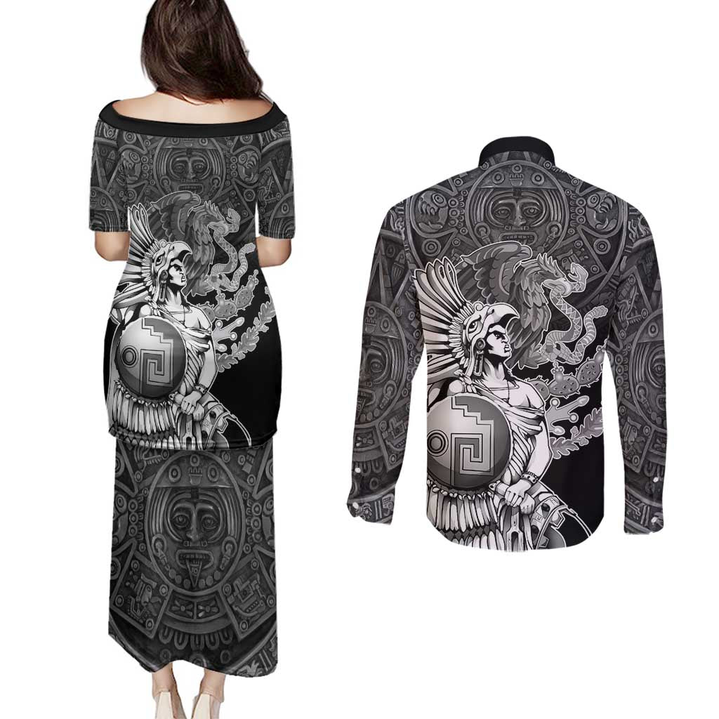 Mexico Aztec Warrior Couples Matching Puletasi and Long Sleeve Button Shirt Huitzilopochtli With Aztec Calendar