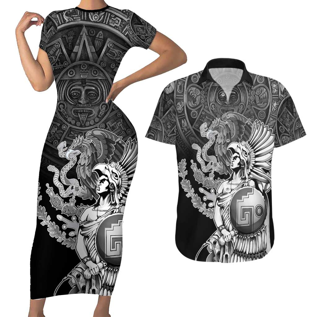 Mexico Aztec Warrior Couples Matching Short Sleeve Bodycon Dress and Hawaiian Shirt Huitzilopochtli With Aztec Calendar
