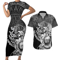 Mexico Aztec Warrior Couples Matching Short Sleeve Bodycon Dress and Hawaiian Shirt Huitzilopochtli With Aztec Calendar