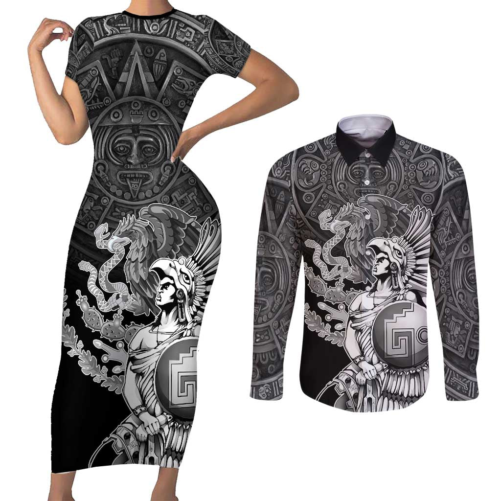 Mexico Aztec Warrior Couples Matching Short Sleeve Bodycon Dress and Long Sleeve Button Shirt Huitzilopochtli With Aztec Calendar
