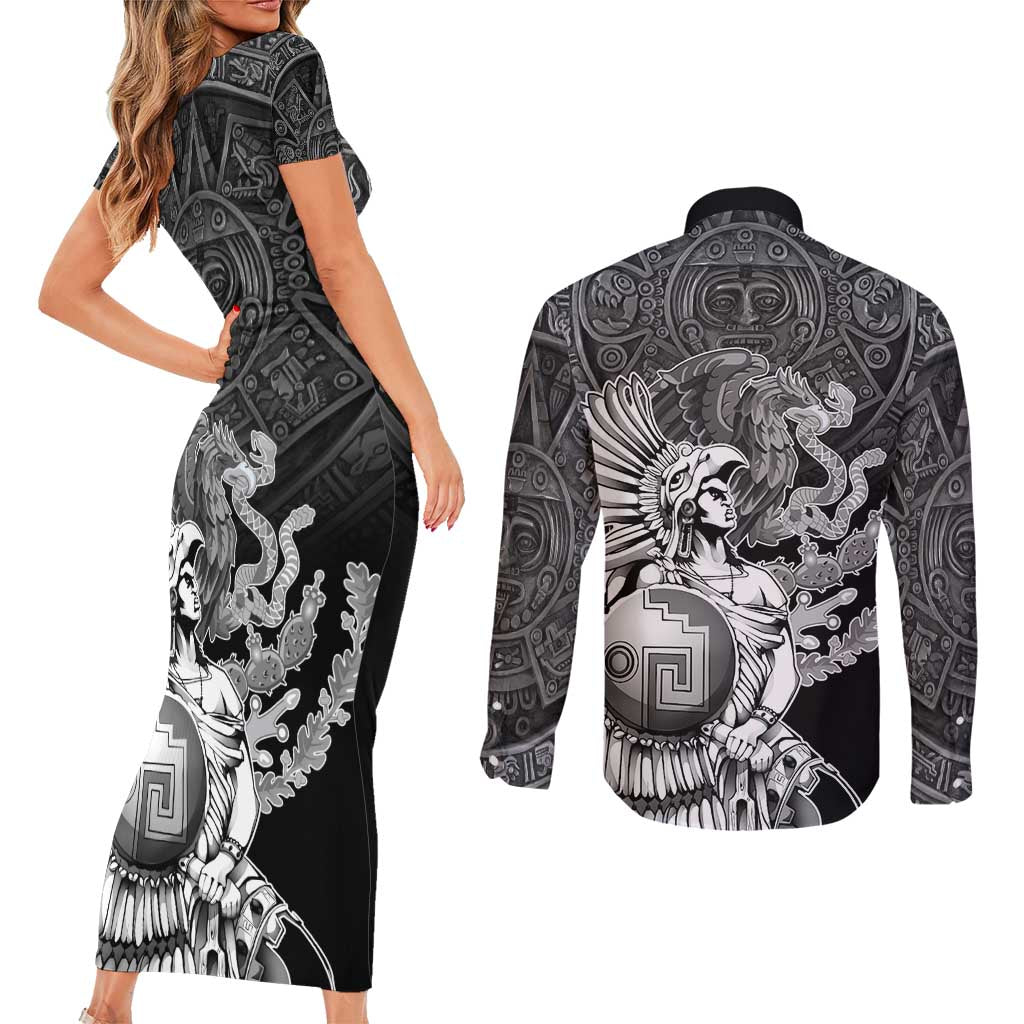 Mexico Aztec Warrior Couples Matching Short Sleeve Bodycon Dress and Long Sleeve Button Shirt Huitzilopochtli With Aztec Calendar