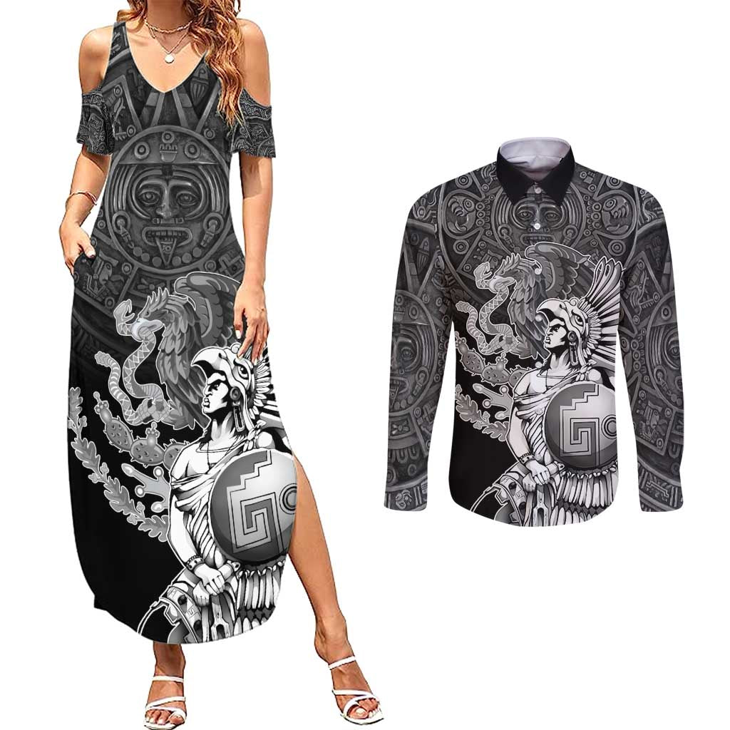 Mexico Aztec Warrior Couples Matching Summer Maxi Dress and Long Sleeve Button Shirt Huitzilopochtli With Aztec Calendar