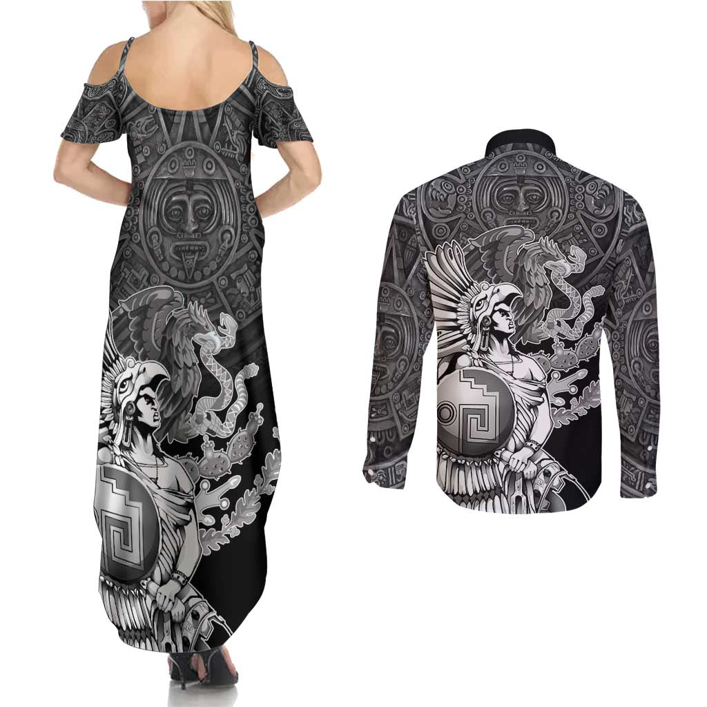 Mexico Aztec Warrior Couples Matching Summer Maxi Dress and Long Sleeve Button Shirt Huitzilopochtli With Aztec Calendar