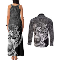 Mexico Aztec Warrior Couples Matching Tank Maxi Dress and Long Sleeve Button Shirt Huitzilopochtli With Aztec Calendar