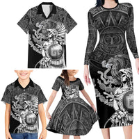 Mexico Aztec Warrior Family Matching Long Sleeve Bodycon Dress and Hawaiian Shirt Huitzilopochtli With Aztec Calendar