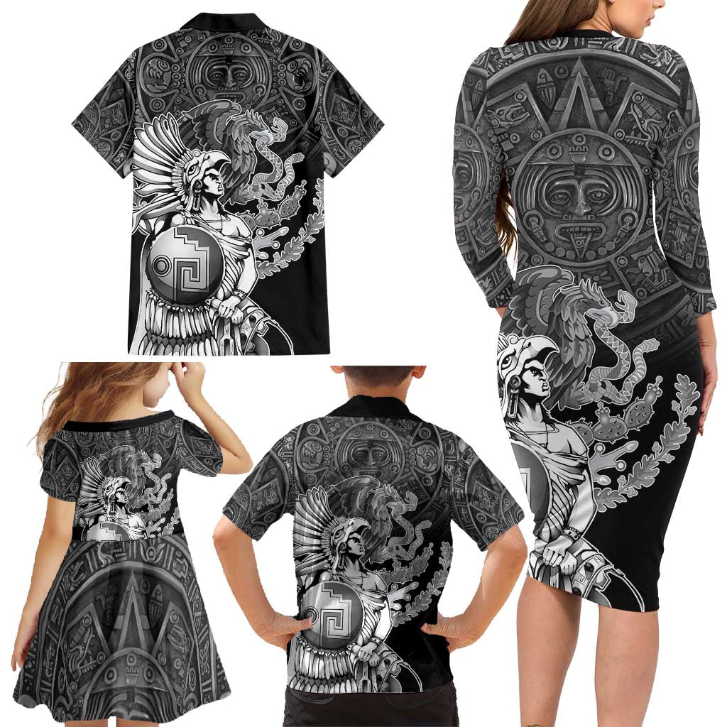 Mexico Aztec Warrior Family Matching Long Sleeve Bodycon Dress and Hawaiian Shirt Huitzilopochtli With Aztec Calendar