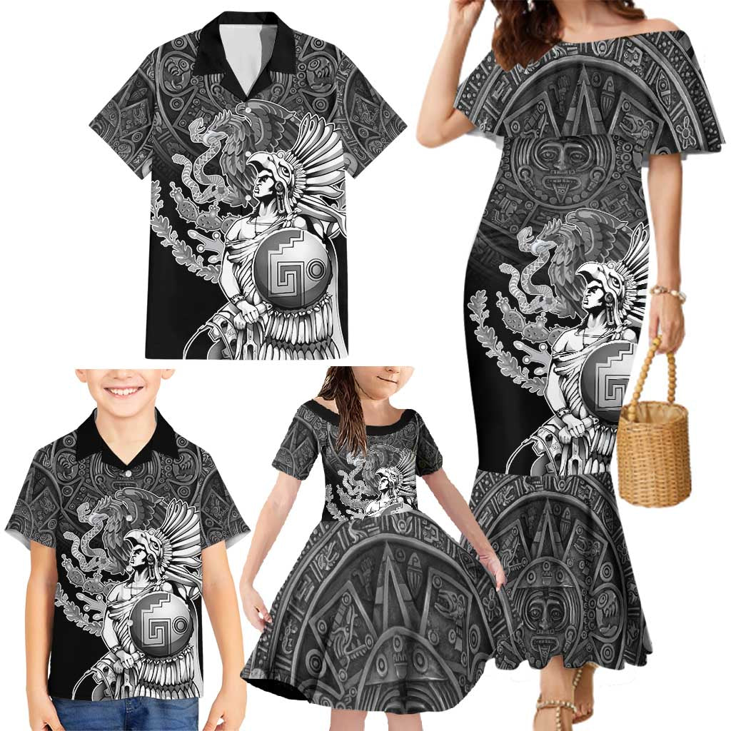 Mexico Aztec Warrior Family Matching Mermaid Dress and Hawaiian Shirt Huitzilopochtli With Aztec Calendar