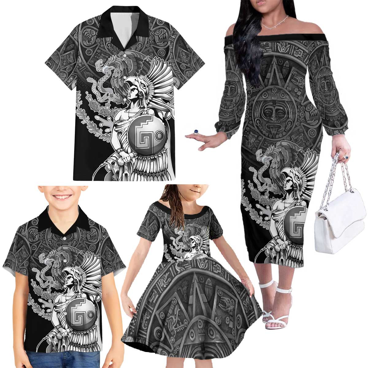 Mexico Aztec Warrior Family Matching Off The Shoulder Long Sleeve Dress and Hawaiian Shirt Huitzilopochtli With Aztec Calendar