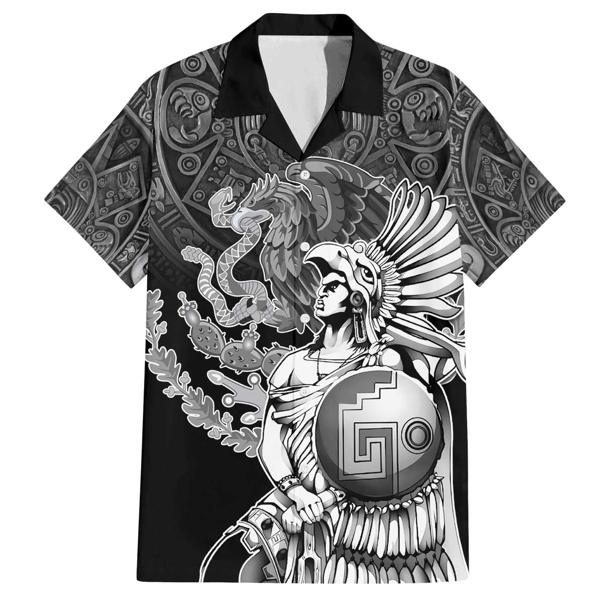 Mexico Aztec Warrior Family Matching Off The Shoulder Long Sleeve Dress and Hawaiian Shirt Huitzilopochtli With Aztec Calendar