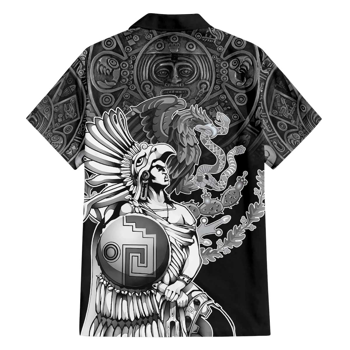 Mexico Aztec Warrior Family Matching Off The Shoulder Long Sleeve Dress and Hawaiian Shirt Huitzilopochtli With Aztec Calendar