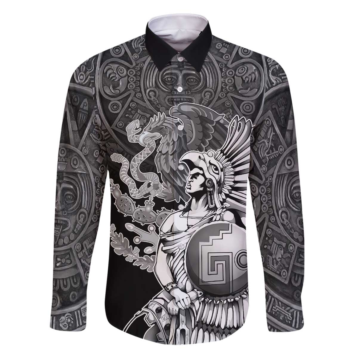 Mexico Aztec Warrior Family Matching Off The Shoulder Long Sleeve Dress and Hawaiian Shirt Huitzilopochtli With Aztec Calendar