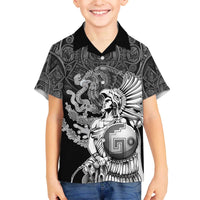 Mexico Aztec Warrior Family Matching Off The Shoulder Long Sleeve Dress and Hawaiian Shirt Huitzilopochtli With Aztec Calendar