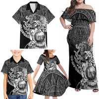 Mexico Aztec Warrior Family Matching Off Shoulder Maxi Dress and Hawaiian Shirt Huitzilopochtli With Aztec Calendar