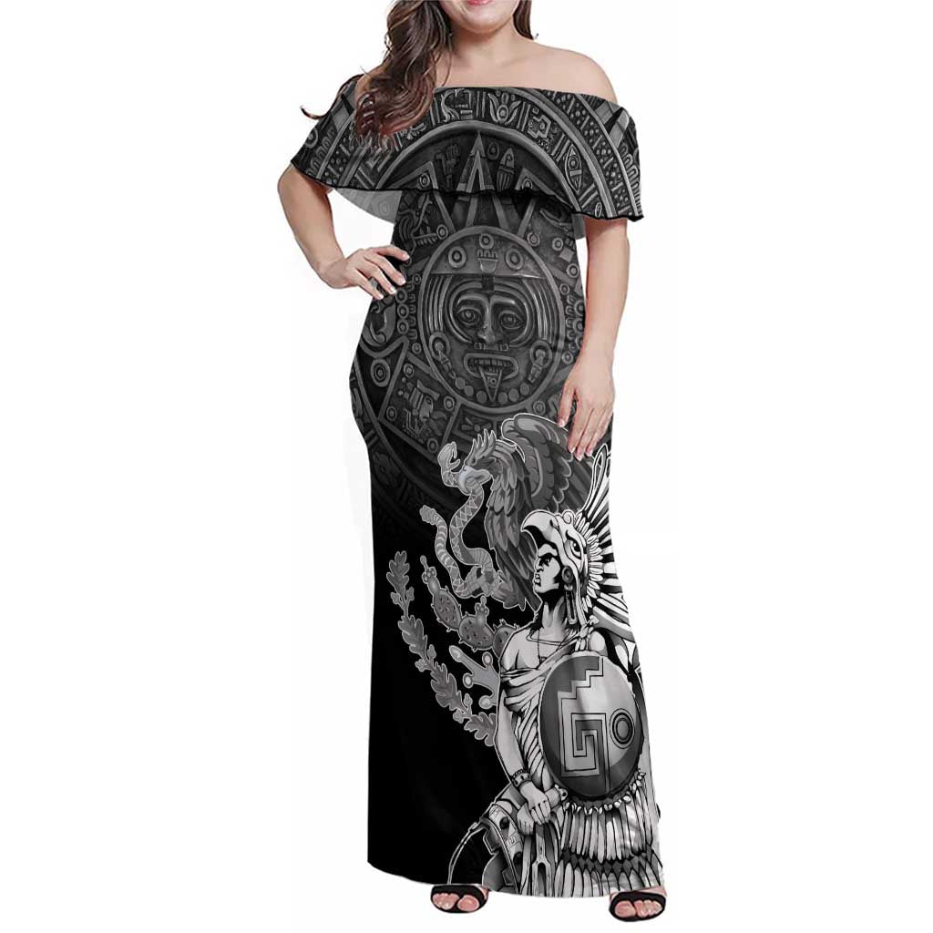 Mexico Aztec Warrior Family Matching Off Shoulder Maxi Dress and Hawaiian Shirt Huitzilopochtli With Aztec Calendar