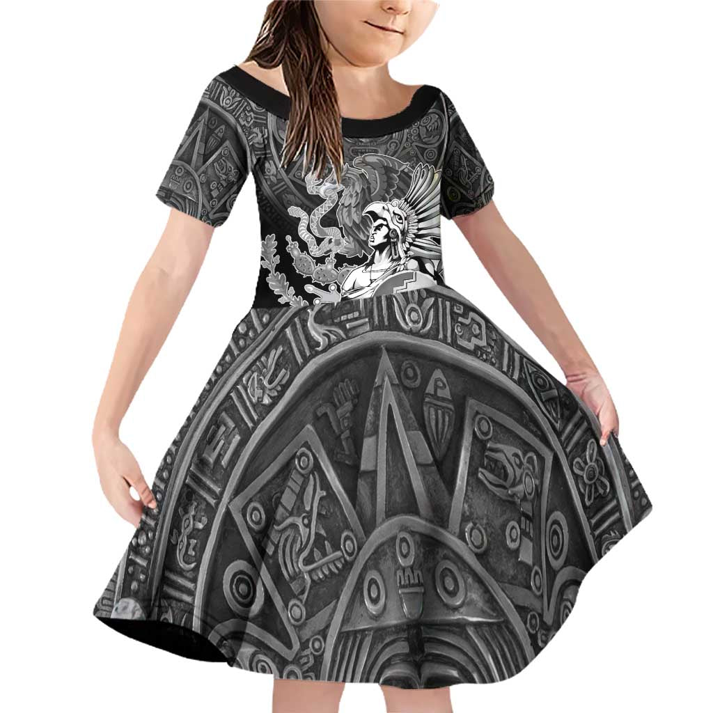 Mexico Aztec Warrior Family Matching Off Shoulder Short Dress and Hawaiian Shirt Huitzilopochtli With Aztec Calendar