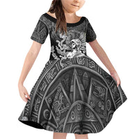 Mexico Aztec Warrior Family Matching Off Shoulder Short Dress and Hawaiian Shirt Huitzilopochtli With Aztec Calendar