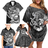 Mexico Aztec Warrior Family Matching Off Shoulder Short Dress and Hawaiian Shirt Huitzilopochtli With Aztec Calendar