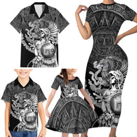 Mexico Aztec Warrior Family Matching Short Sleeve Bodycon Dress and Hawaiian Shirt Huitzilopochtli With Aztec Calendar