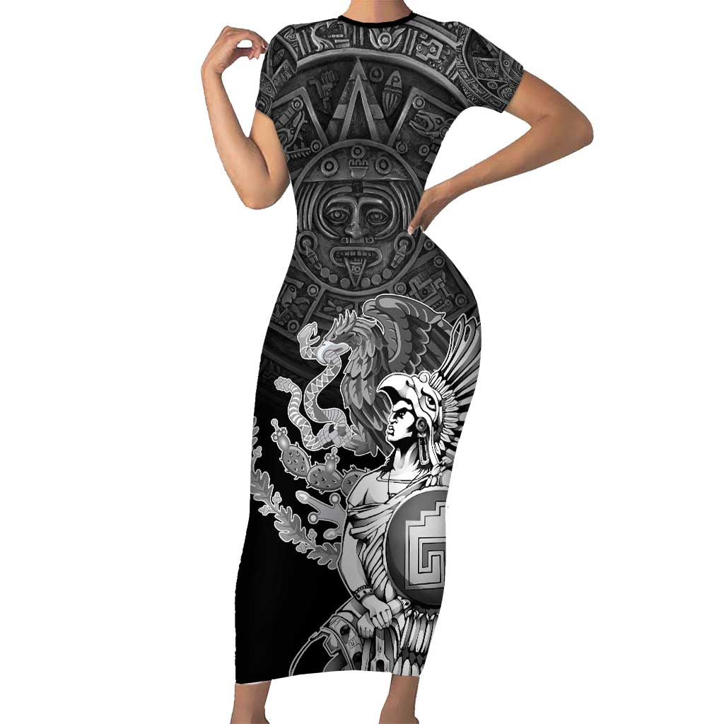 Mexico Aztec Warrior Family Matching Short Sleeve Bodycon Dress and Hawaiian Shirt Huitzilopochtli With Aztec Calendar