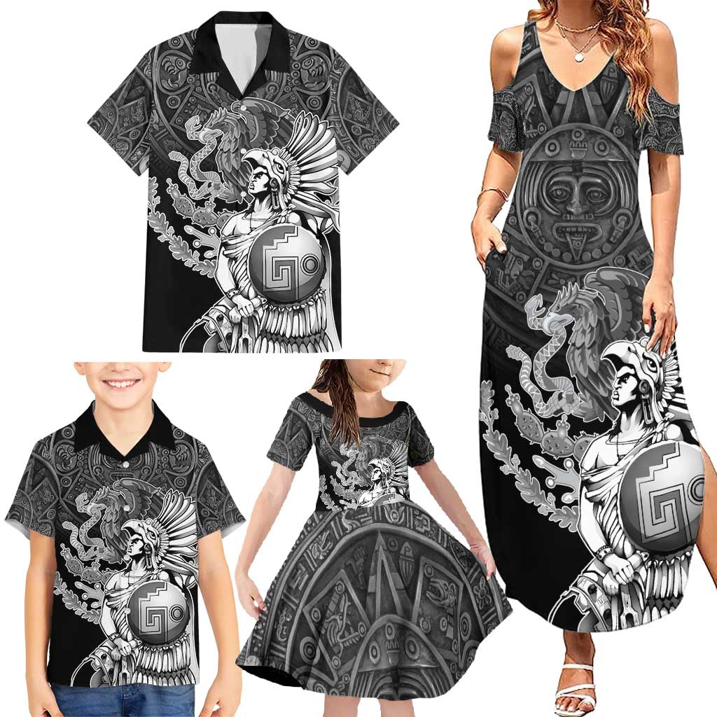 Mexico Aztec Warrior Family Matching Summer Maxi Dress and Hawaiian Shirt Huitzilopochtli With Aztec Calendar