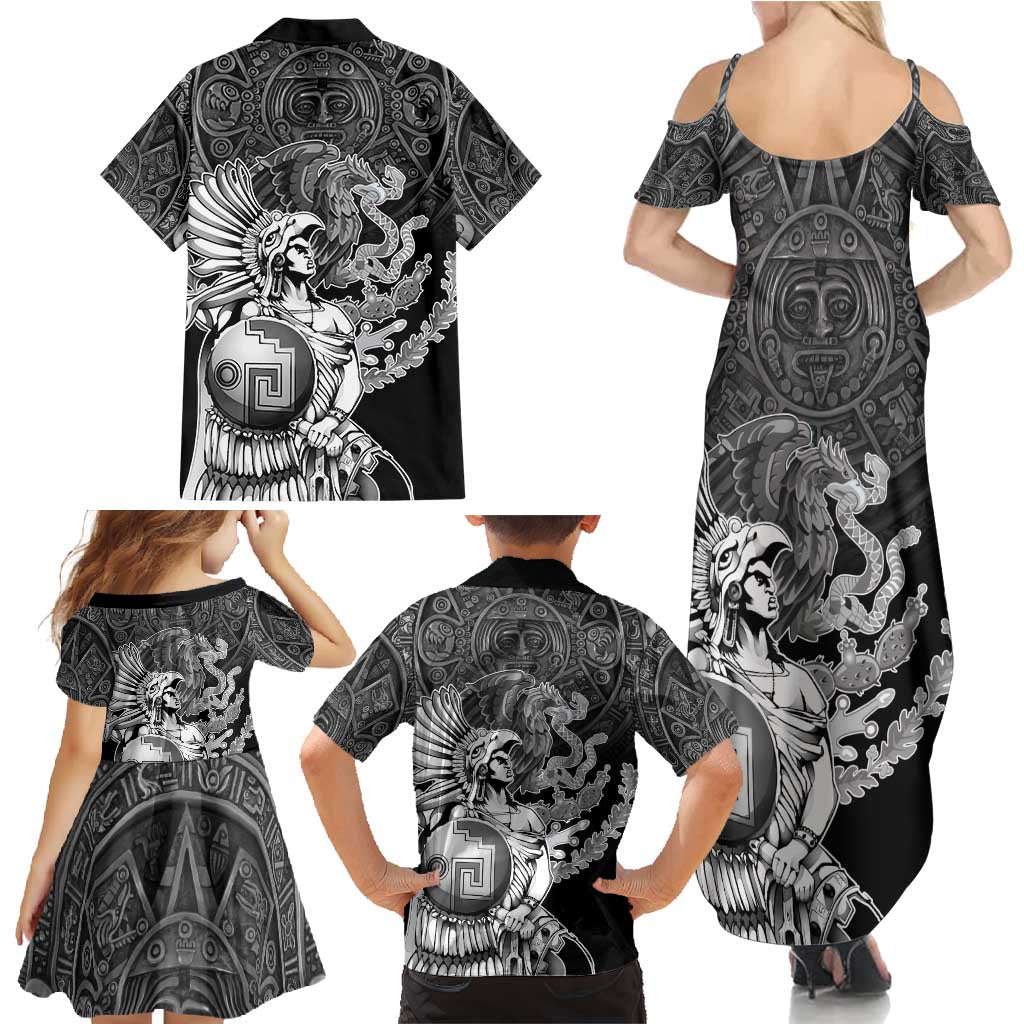 Mexico Aztec Warrior Family Matching Summer Maxi Dress and Hawaiian Shirt Huitzilopochtli With Aztec Calendar