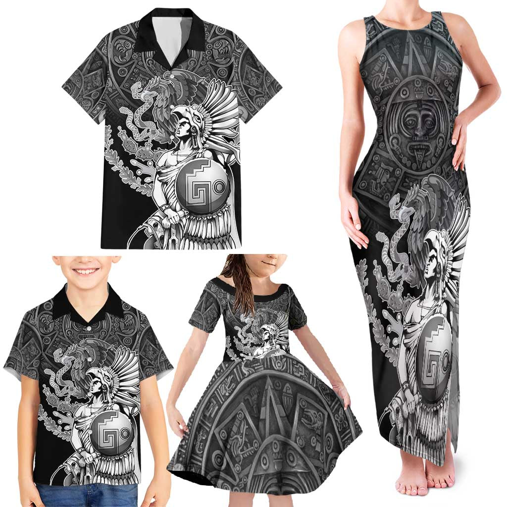 Mexico Aztec Warrior Family Matching Tank Maxi Dress and Hawaiian Shirt Huitzilopochtli With Aztec Calendar