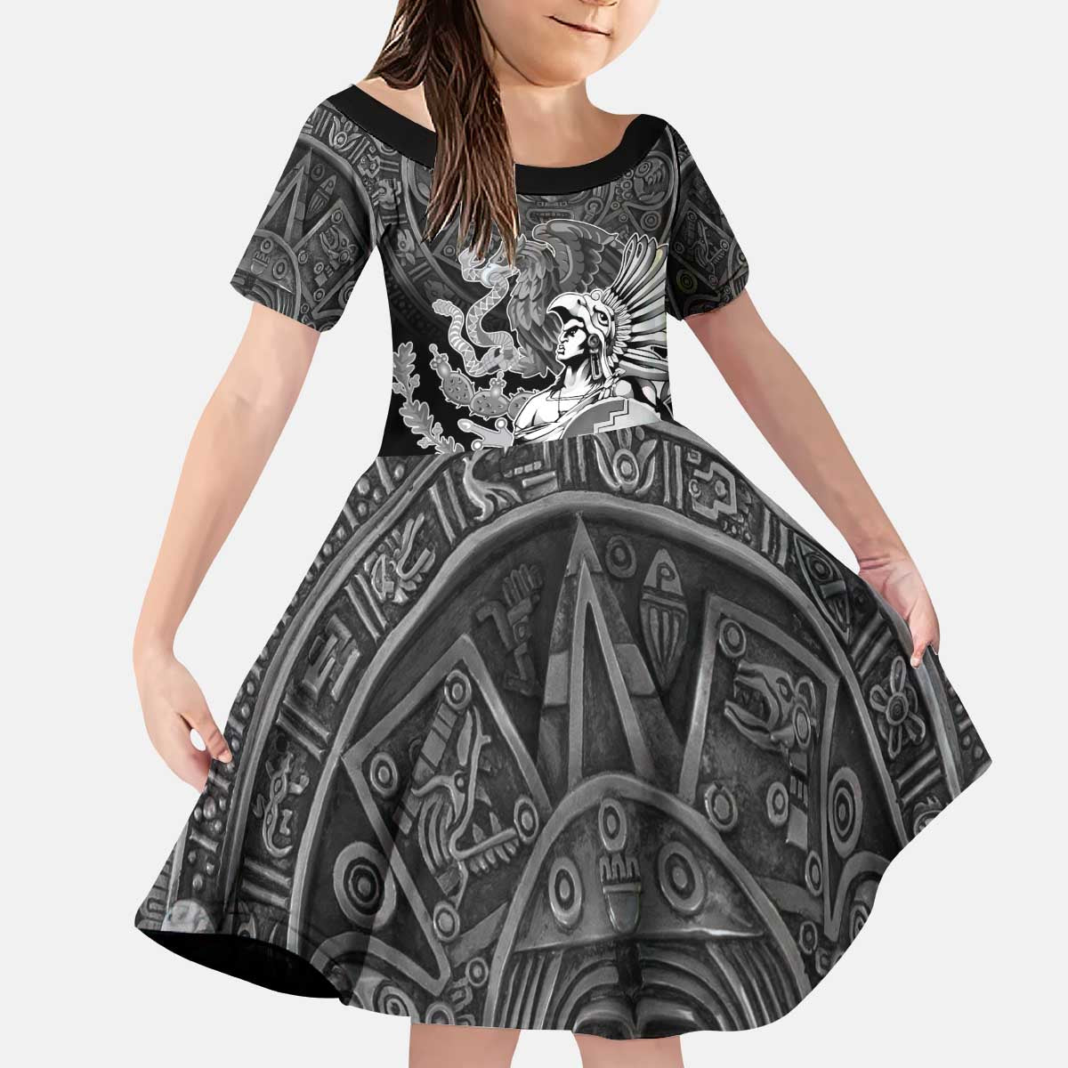 Mexico Aztec Warrior Kid Short Sleeve Dress Huitzilopochtli With Aztec Calendar