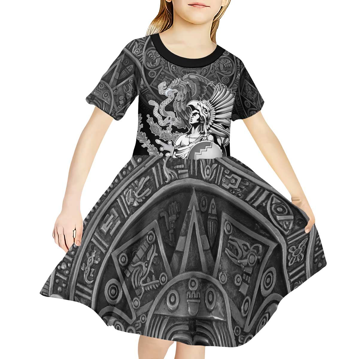 Mexico Aztec Warrior Kid Short Sleeve Dress Huitzilopochtli With Aztec Calendar