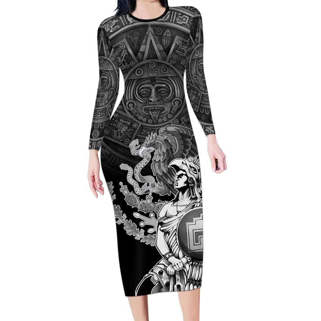 Mexico Aztec Warrior Long Sleeve Bodycon Dress Huitzilopochtli With Aztec Calendar