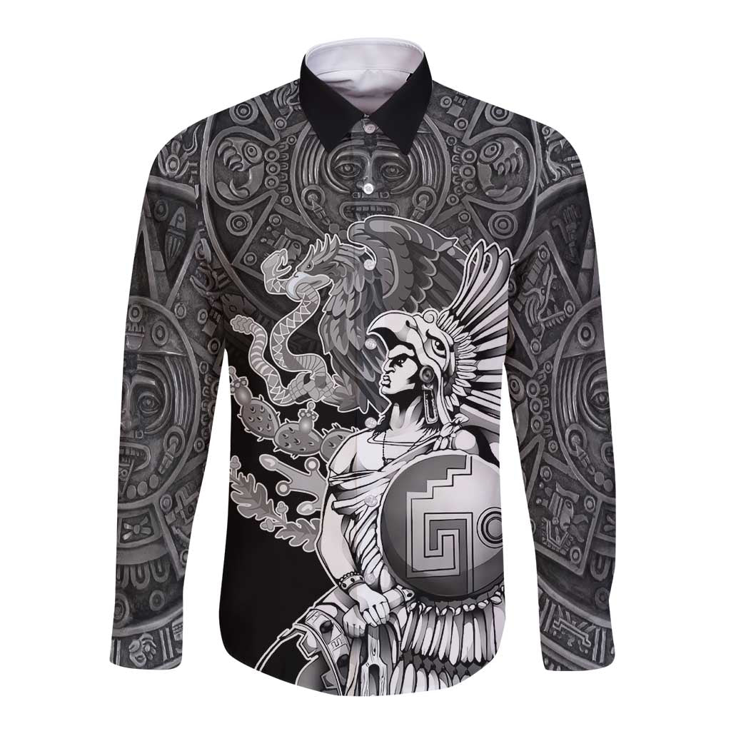 Mexico Aztec Warrior Long Sleeve Button Shirt Huitzilopochtli With Aztec Calendar
