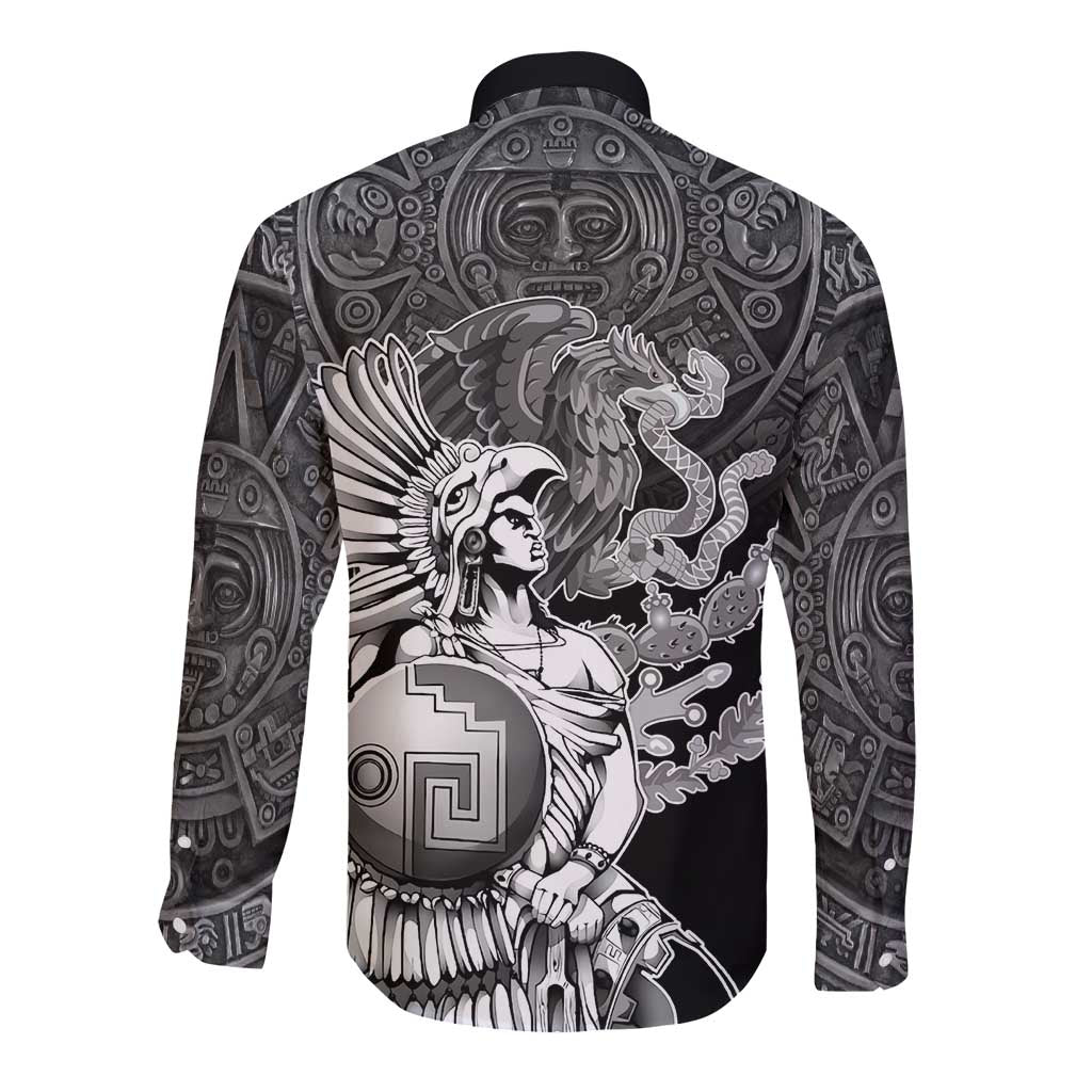 Mexico Aztec Warrior Long Sleeve Button Shirt Huitzilopochtli With Aztec Calendar