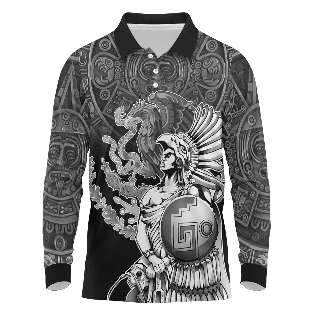 Mexico Aztec Warrior Long Sleeve Polo Shirt Huitzilopochtli With Aztec Calendar